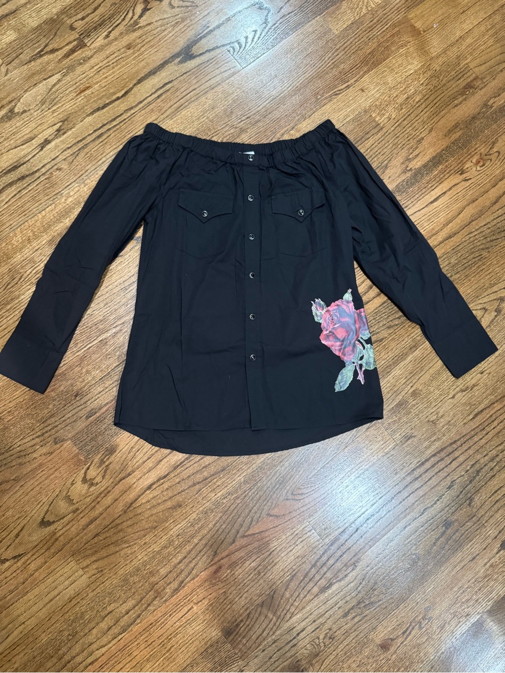 Rodeo Quincy Off-Shoulder Black Top with Rose